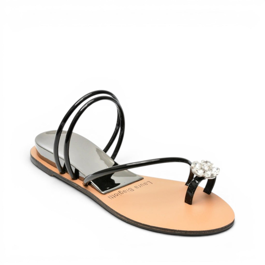 My Store Laura Biagiotti black patent faux leather thong sandals with crystal flower detail.