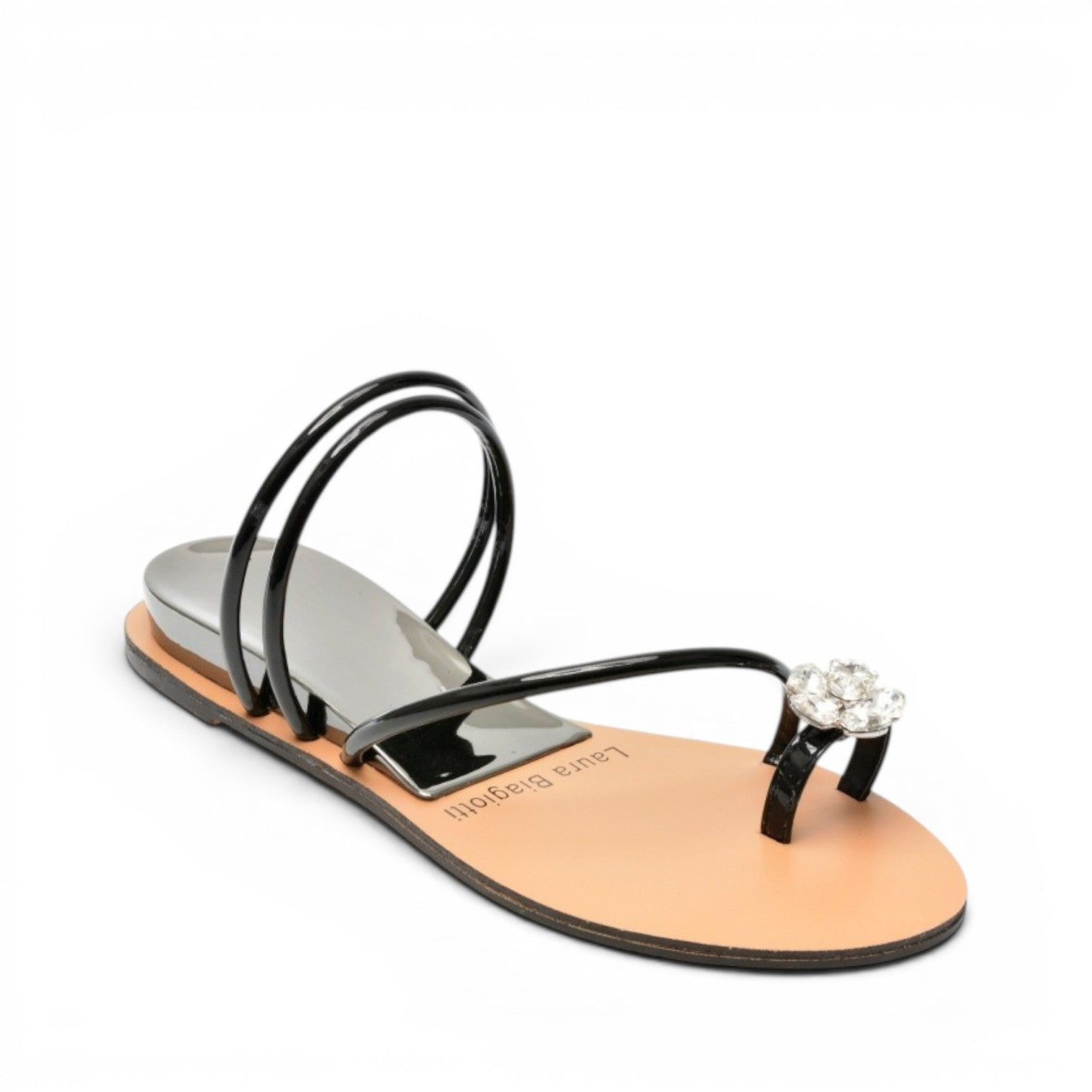My Store Laura Biagiotti black patent faux leather thong sandals with crystal flower detail.