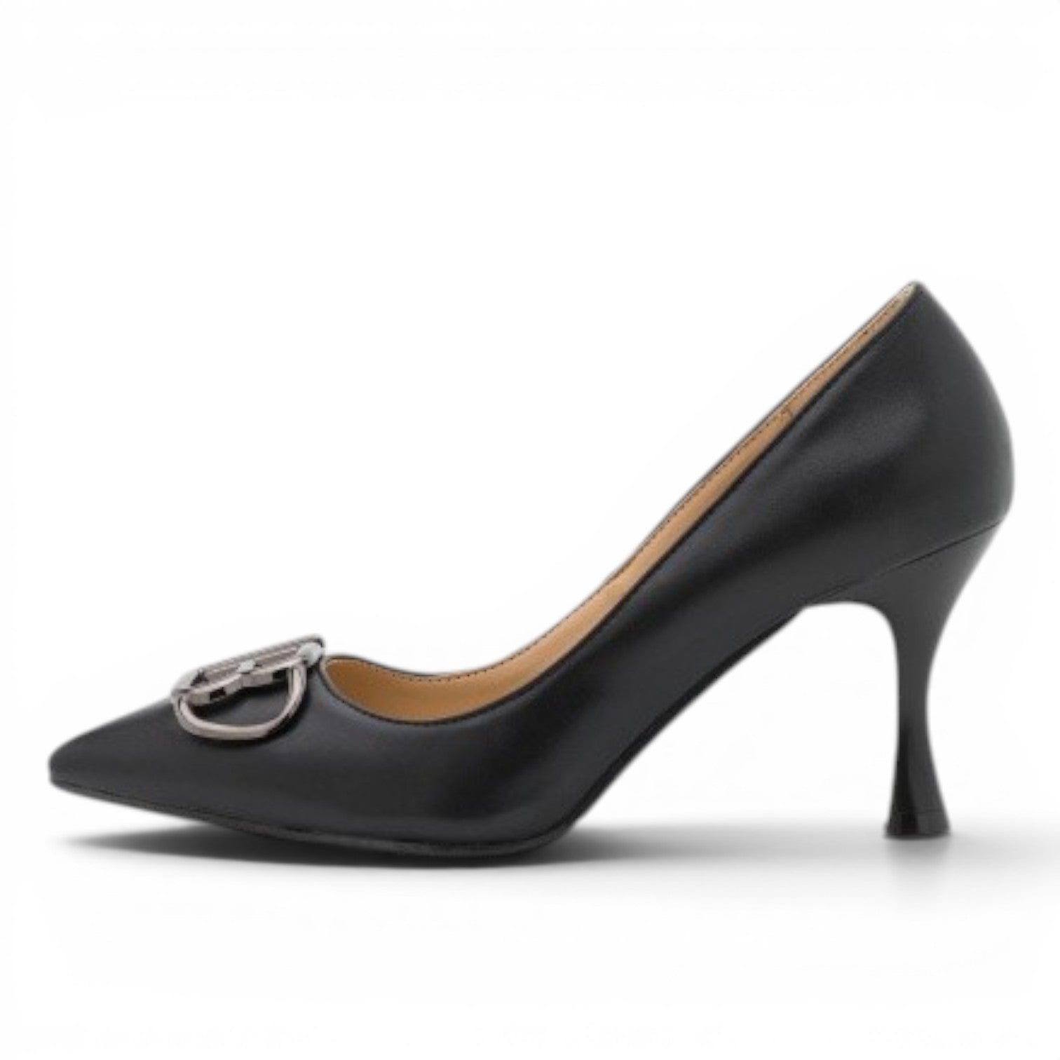 My Store Laura Biagiotti 7881 black synthetic leather pumps with silver buckle detail and 7.5cm heel.