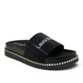 My Store Laura Biagiotti black slide sandals with rhinestone-embellished strap and studded platform sole.