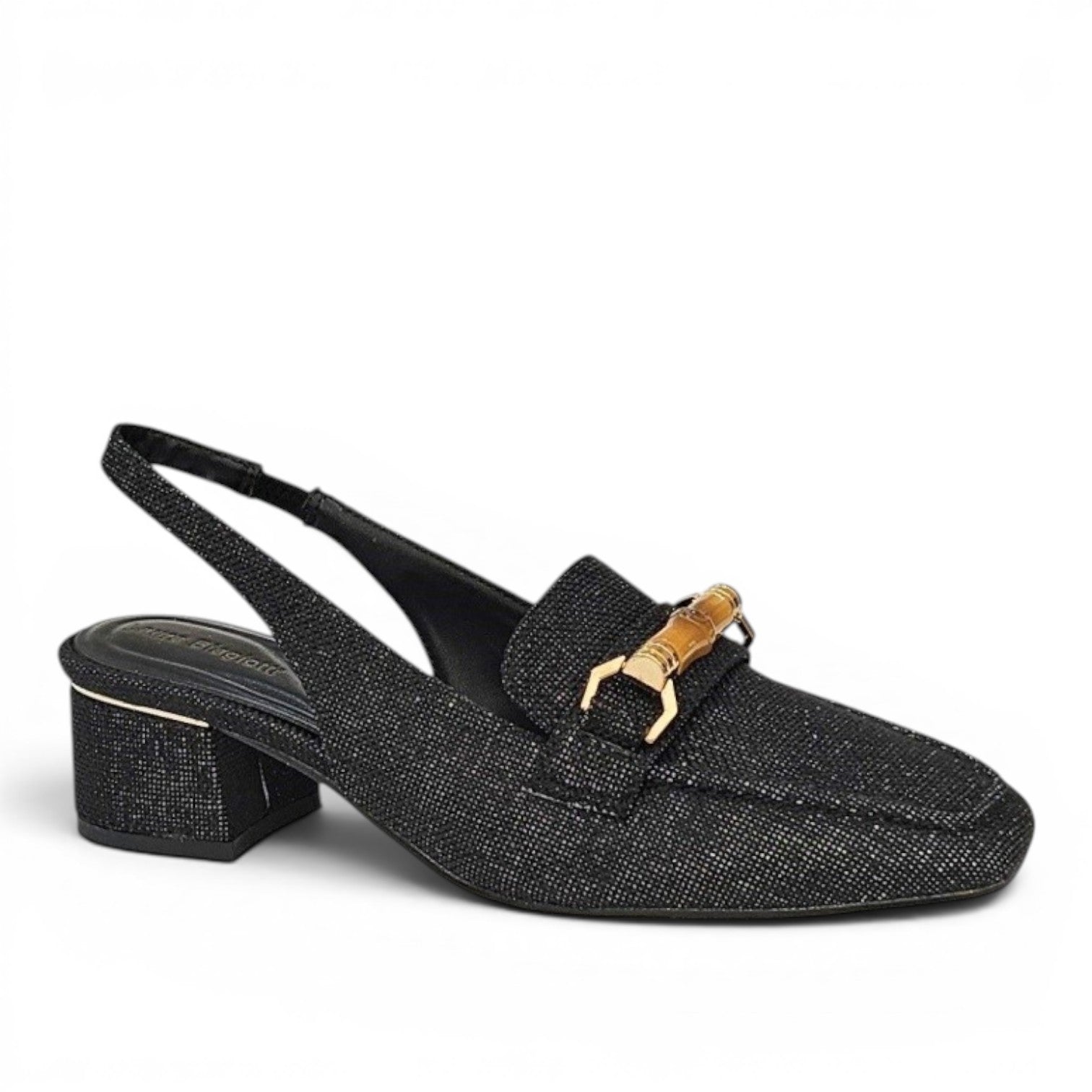 My Store Laura Biagiotti black textile slingback loafers with gold bamboo detail and 5cm block heel.