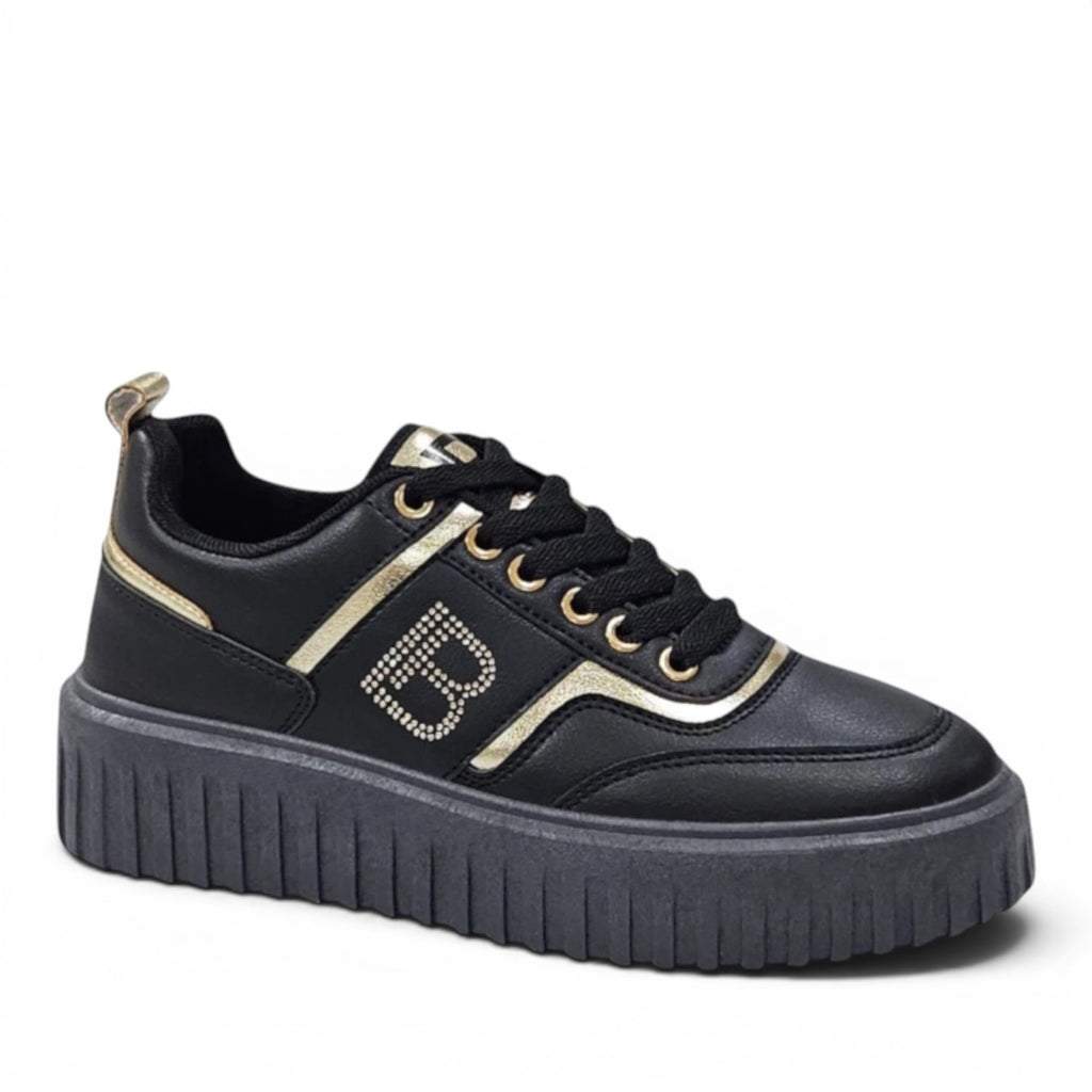 My Store Laura Biagiotti 9210 black synthetic sneakers with gold trim and rhinestone B logo. Textile lining, removable insole, 4cm platform.