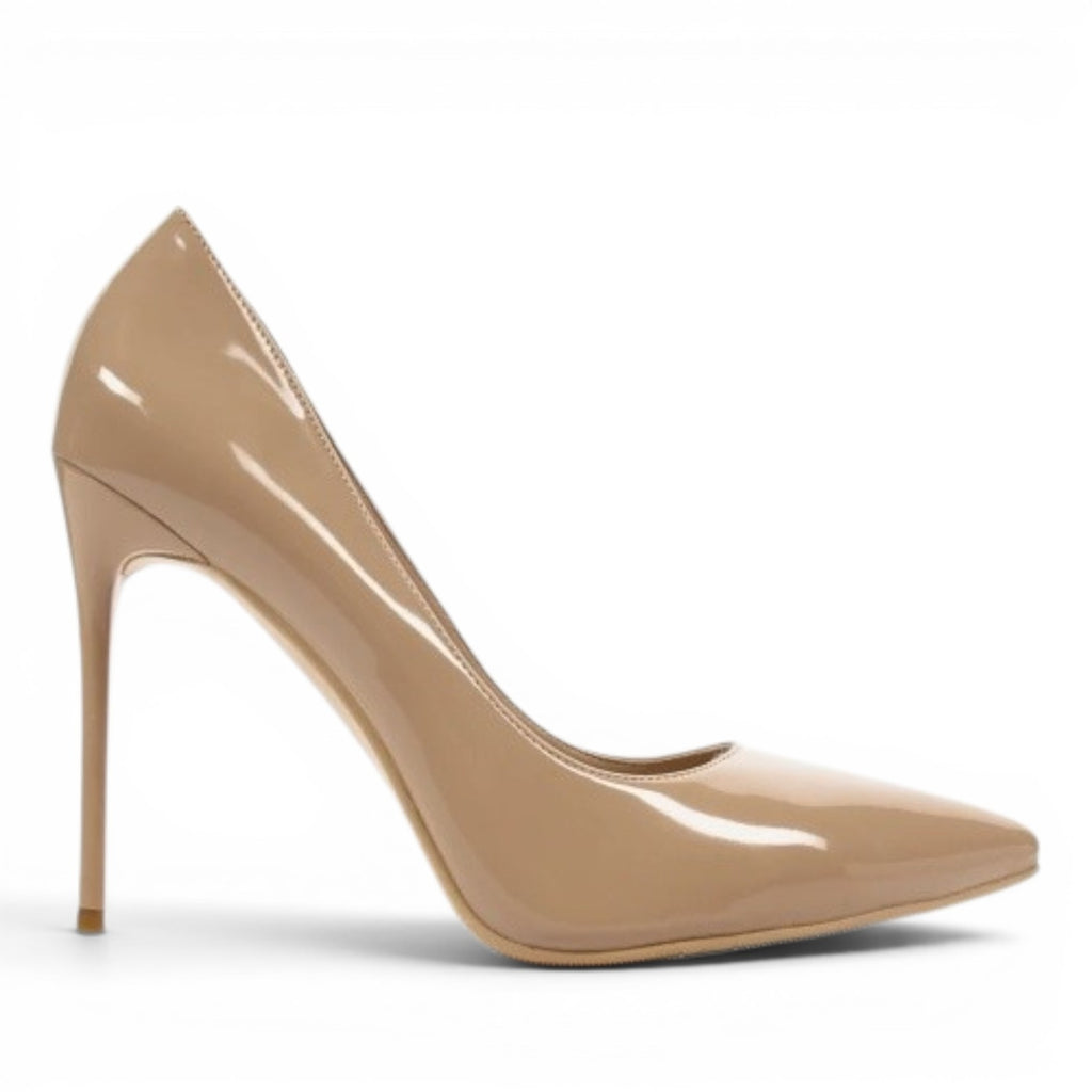 My Store Laura Biagiotti 8153A patent synthetic nude pump with 10.5cm heel and leather insole.