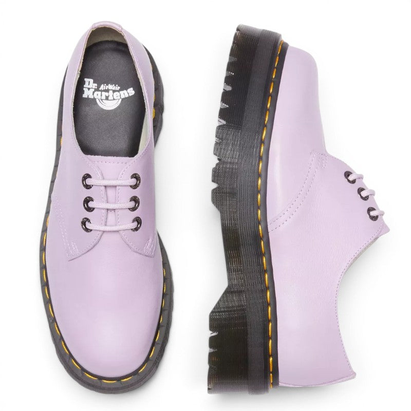 My Store lilac Pisa leather platform shoes with black laces and yellow stitching.