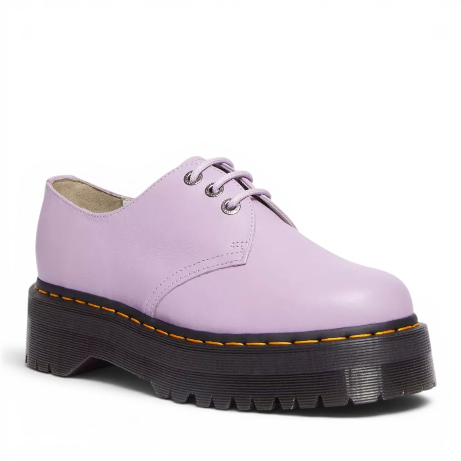 My Store lilac Pisa leather platform shoes with a soft, tumbled finish and waxy sheen. Features a black PVC sole and yellow stitching.