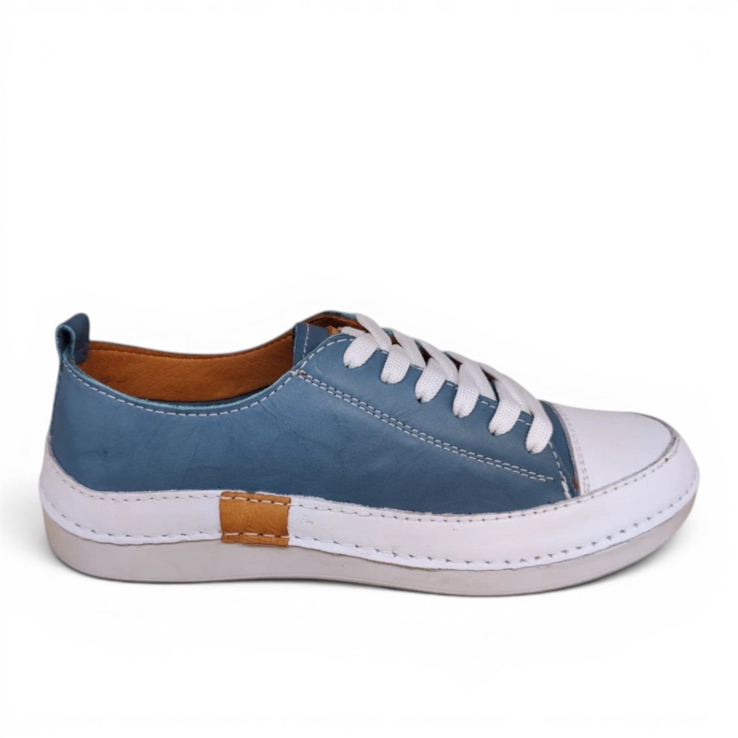 My Store Loretta Vitale 8260 blue and white leather sneakers with white laces and tan accent.