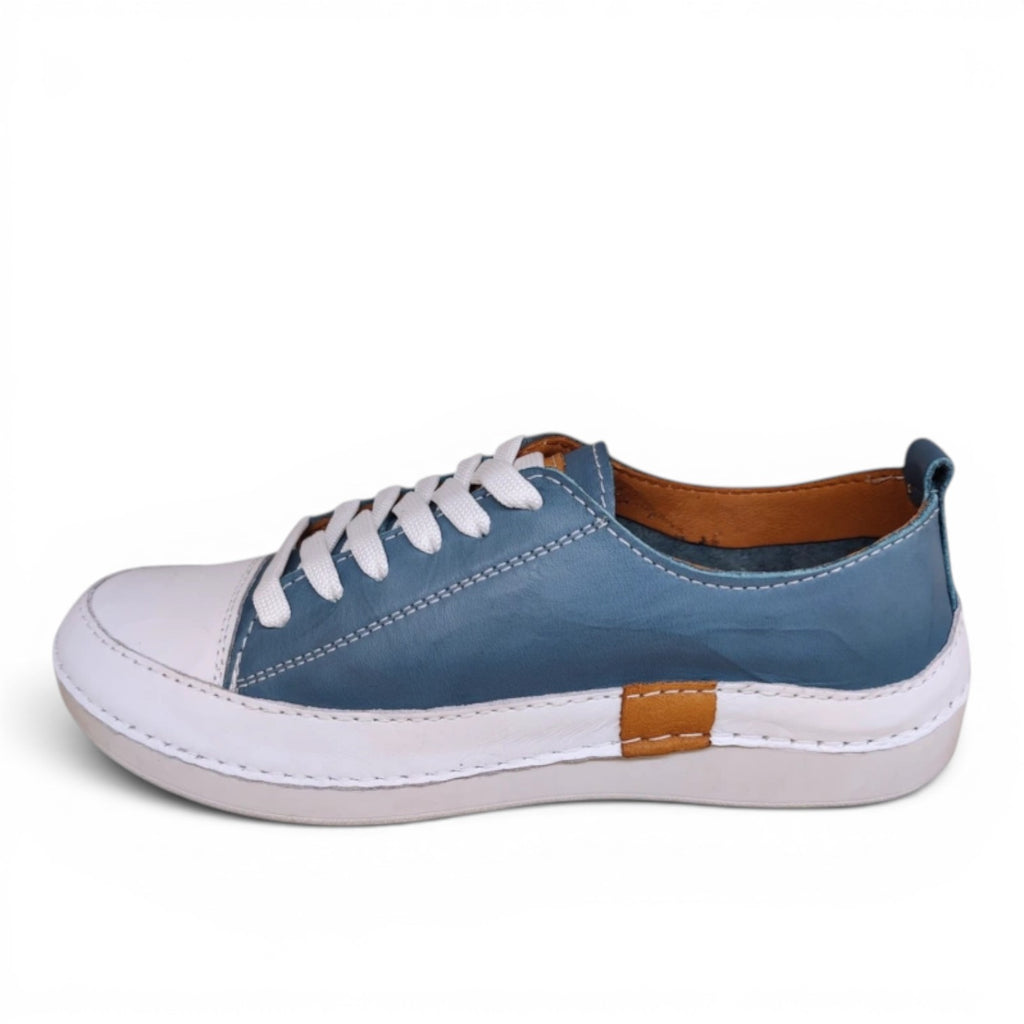 My Store Loretta Vitale 8260 blue and white leather sneakers with white laces and tan accents.