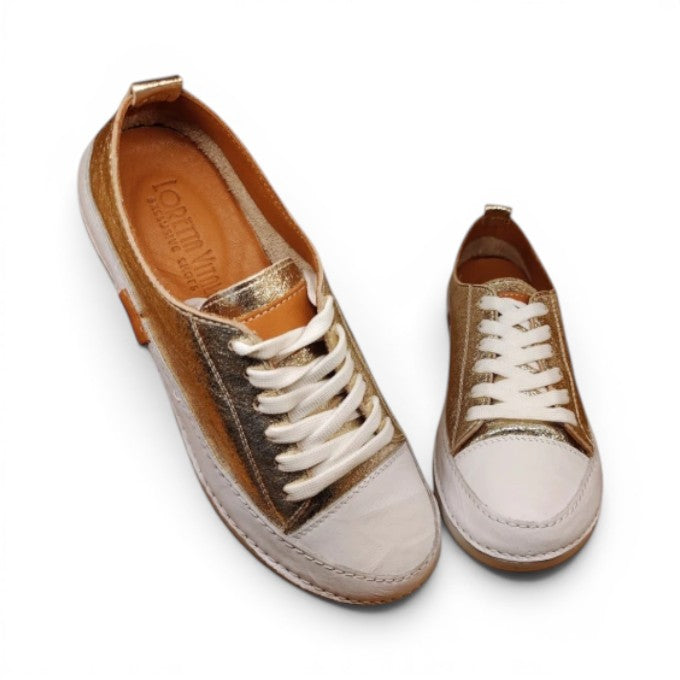 My Store Loretta Vitale 8260 white and gold leather sneakers with white laces.