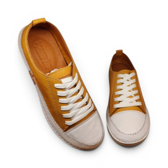 My Store Loretta Vitale 8260 mustard yellow leather sneakers with white toe caps and laces.