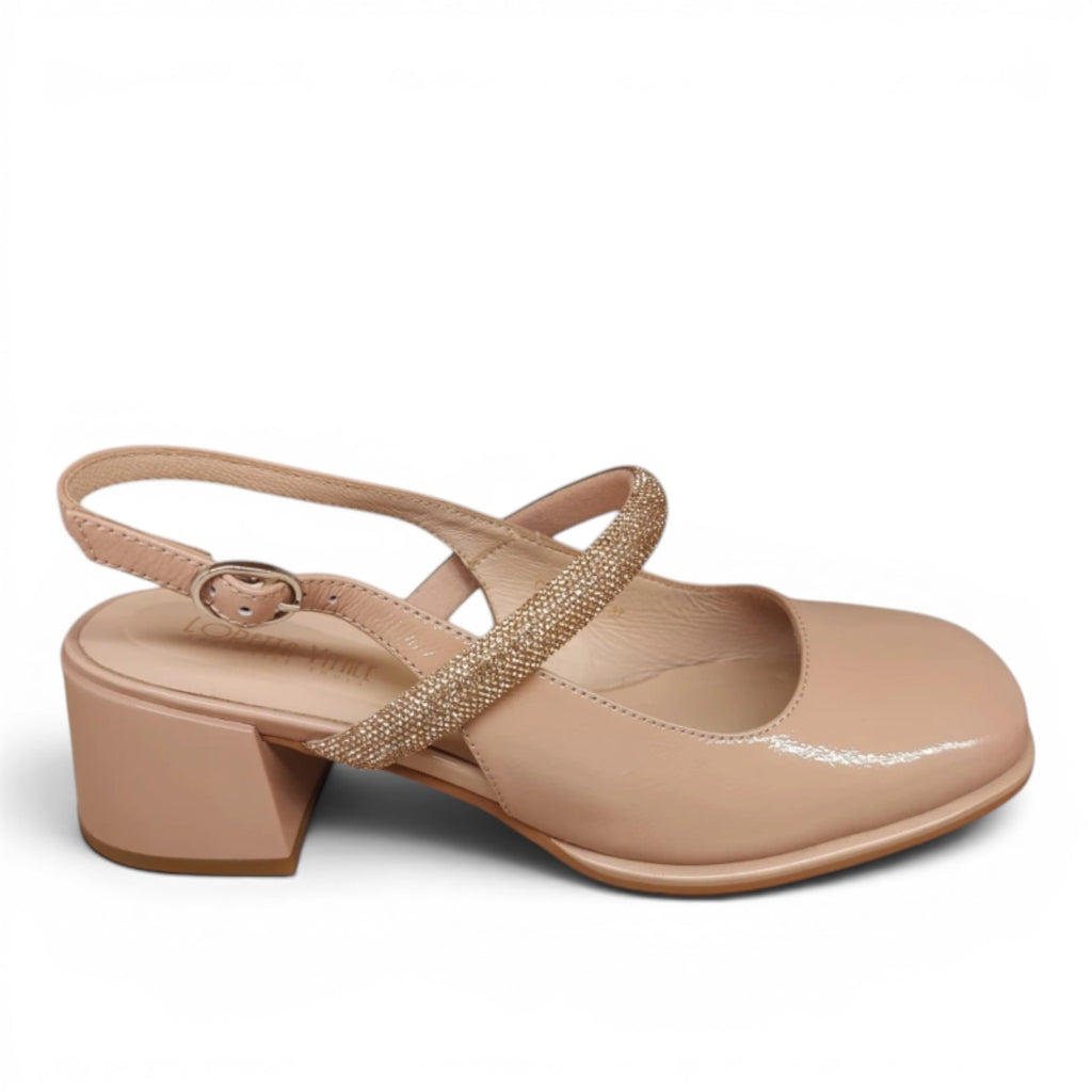 My Store Loretta Vitale C3805 beige patent leather slingback heels with crystal strap and 5cm block heel.