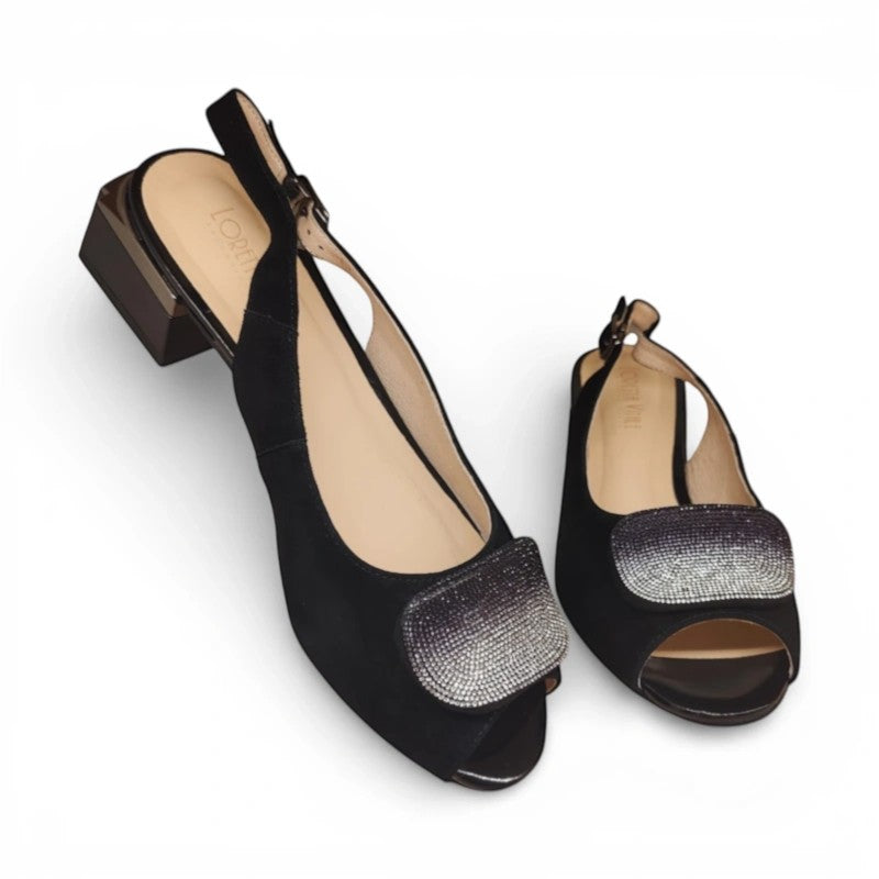 My Store Loretta Vitale black suede slingback peep-toe shoes with crystal embellishment and 3cm block heel.