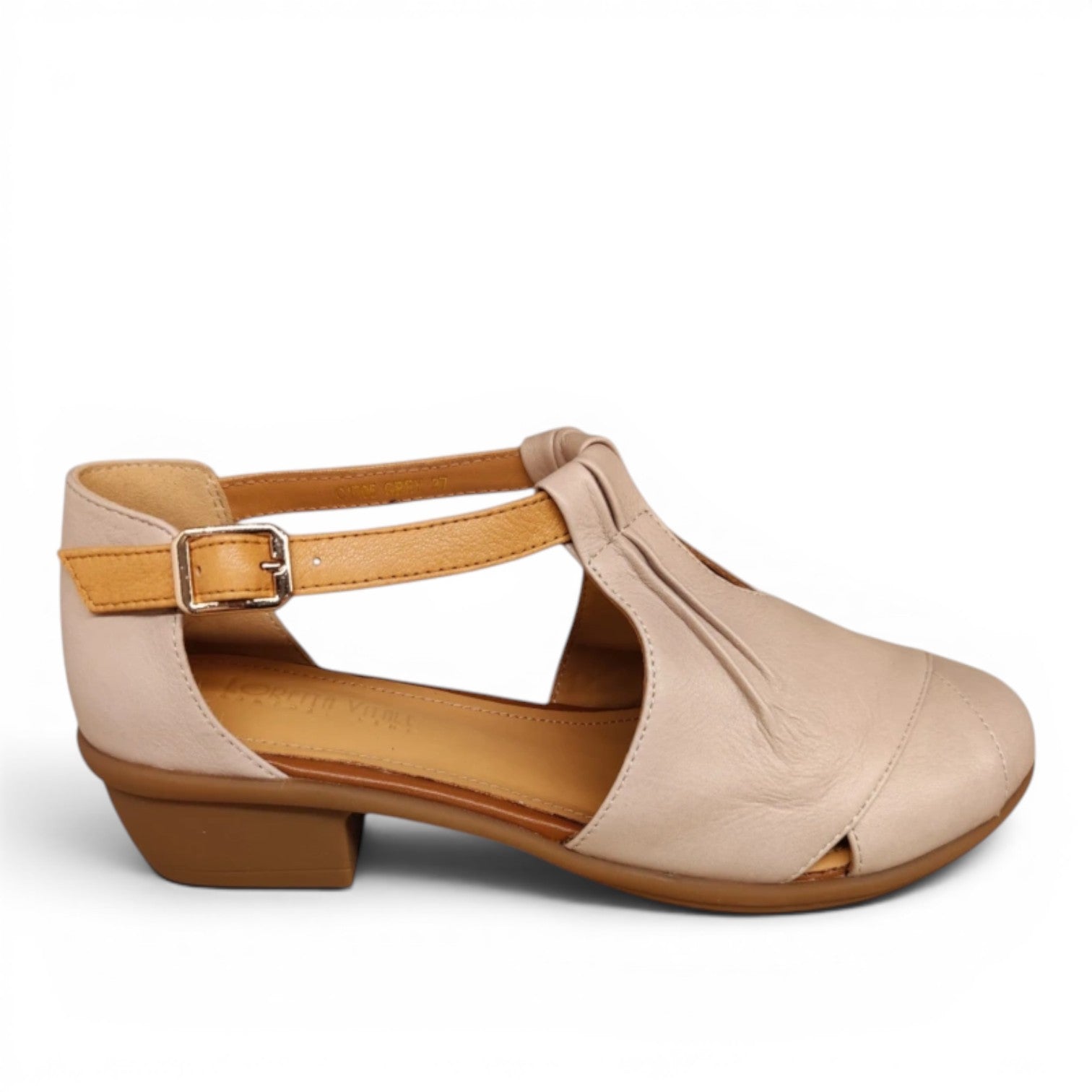 My Store Loretta Vitale C1705 beige leather t-strap sandals with buckle and knot detail.