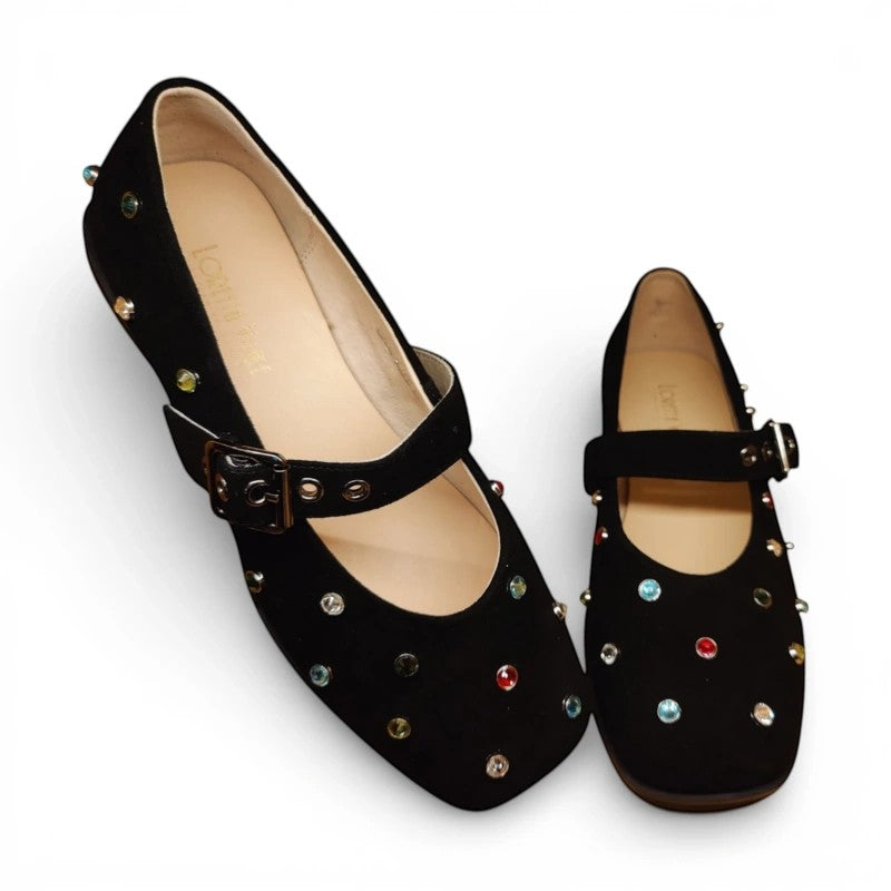 My Store Loretta Vitale C2604 black suede Mary Jane flats with colorful rhinestone embellishments and buckle strap.