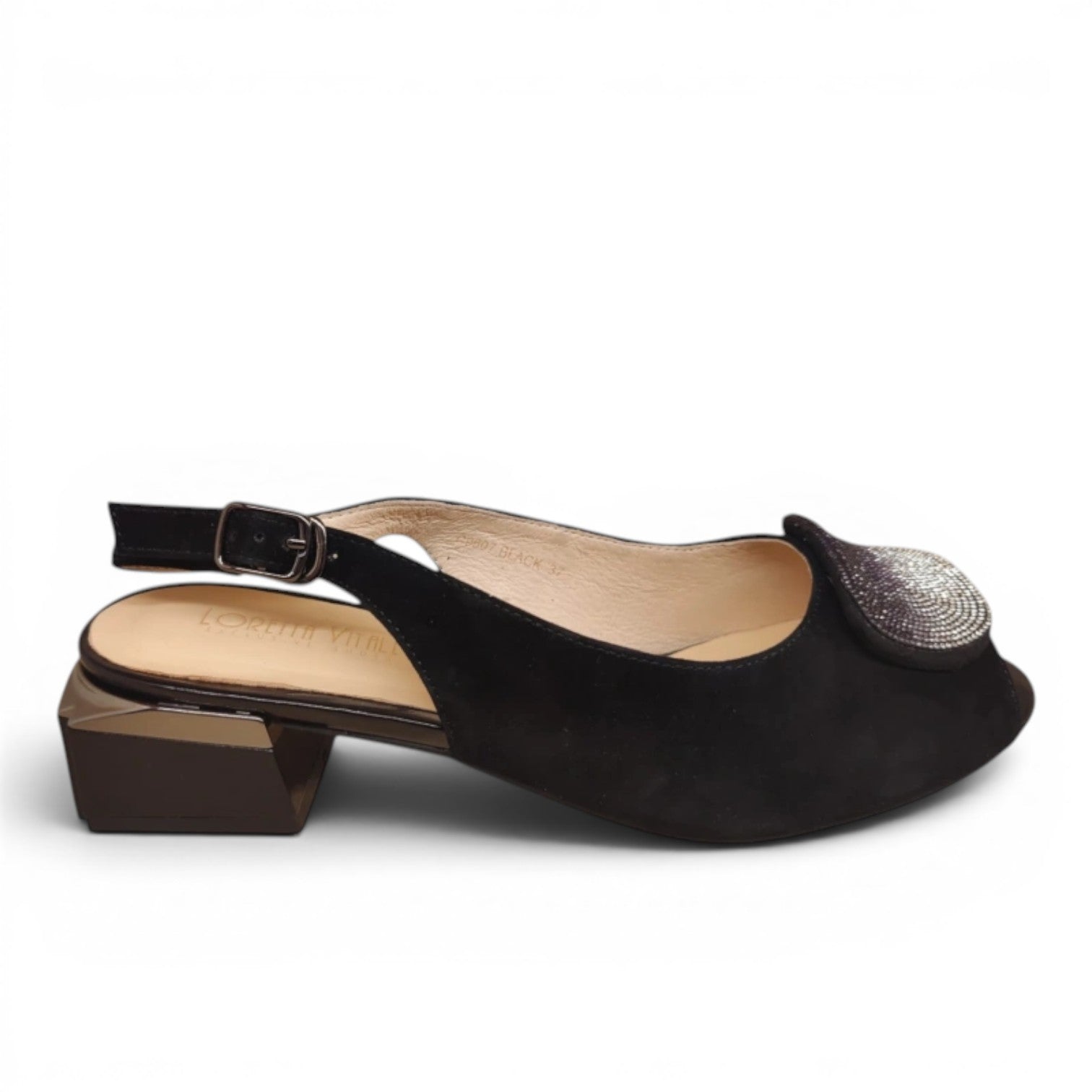 My Store Loretta Vitale C9607 black suede slingback peep-toe shoe with buckle and embellished detail.