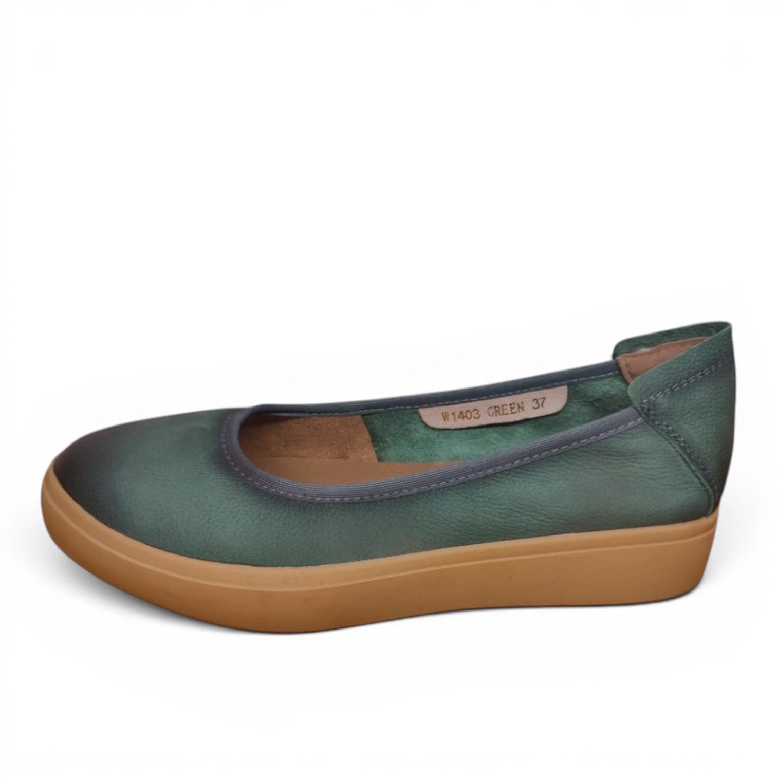 My Store Loretta Vitale W1403 green leather ballet flats with rubber sole.