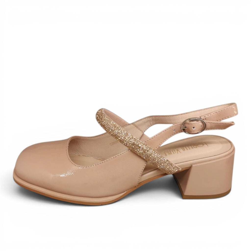 My Store Loretta Vitale C3805 beige patent leather slingback heels with embellished strap and 5cm block heel.