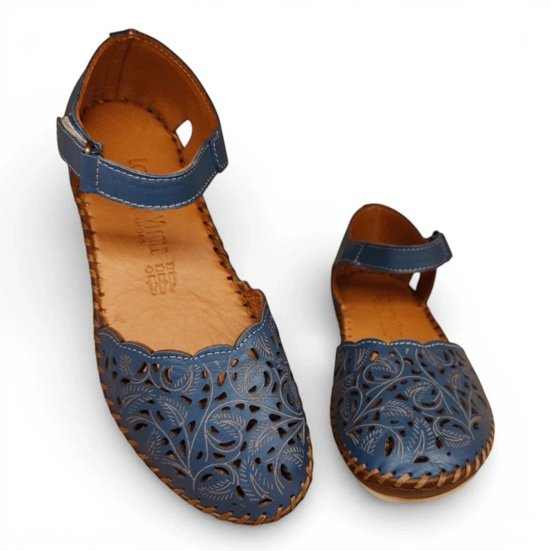 My Store Loretta Vitale T5209 blue leather women's sandals with cut-out floral pattern and adjustable ankle strap.