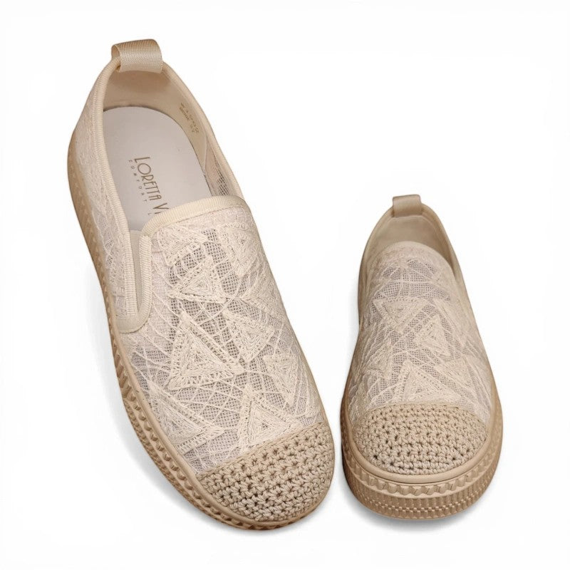 My Store Loretta Vitale W1902 women's beige lace slip-on sneakers with removable leather insole and rubber sole.