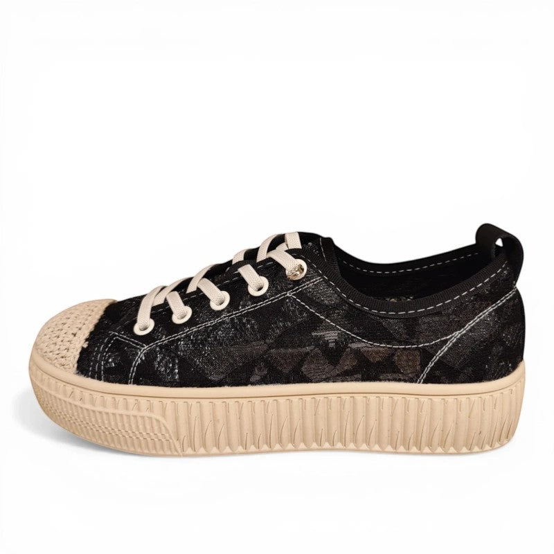 My Store Loretta Vitale W1903 black textile sneakers with a textured rubber sole and removable leather insole.