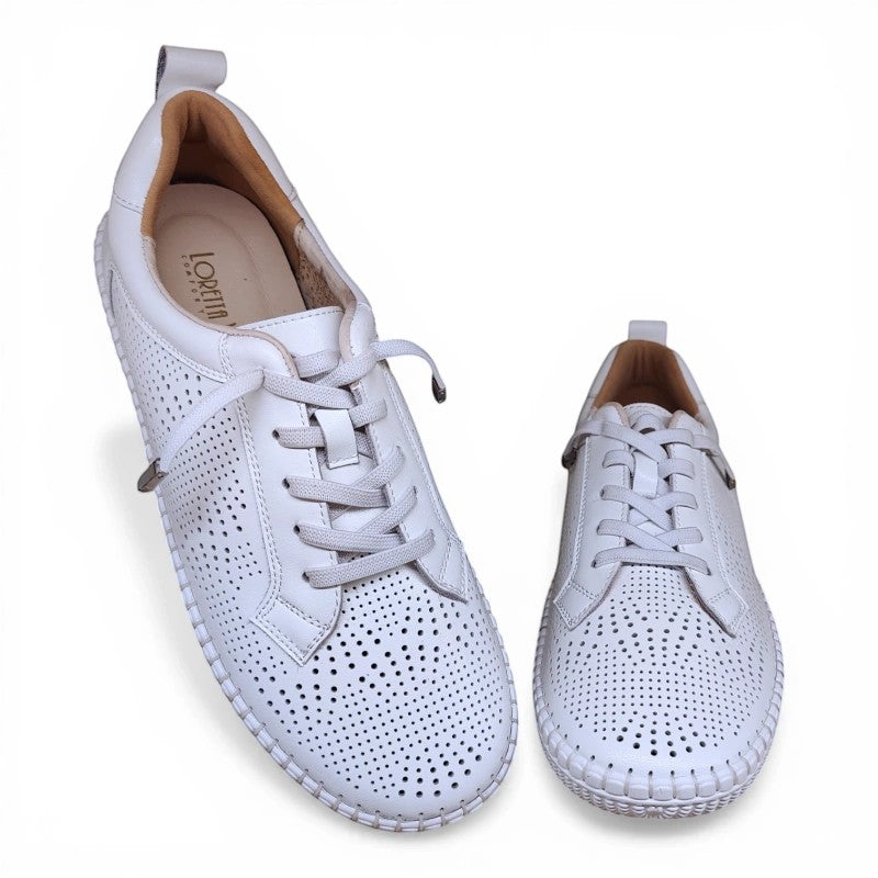 My Store Loretta Vitale W2001 white leather perforated sneakers with lace-up closure and rubber sole.