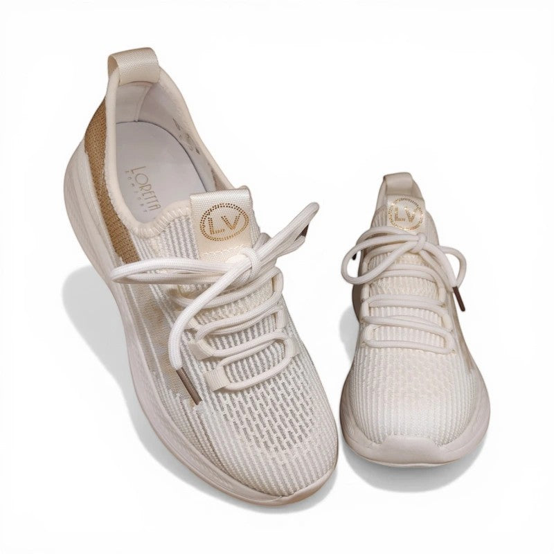 My Store Loretta Vitale W4301 cream textile sneakers with gold accents and removable leather insole.