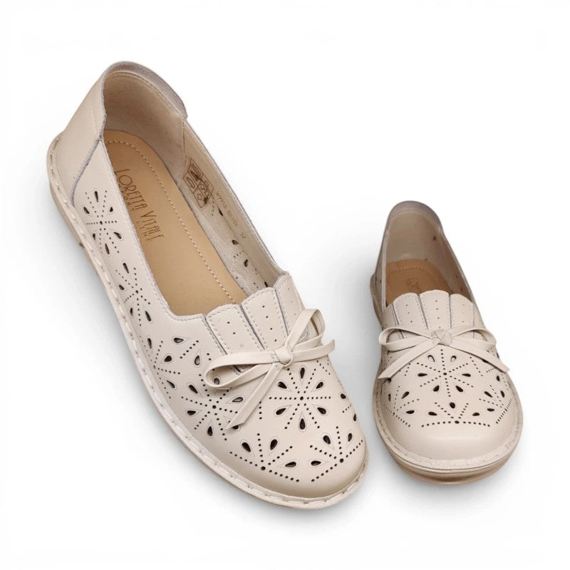 My Store Loretta Vitale W9913 beige leather slip-on flats with cut-out details and bow accent.