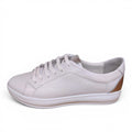 My Store Loretta Vitale Z-01 white leather sneakers with gold heel accent and rubber sole.