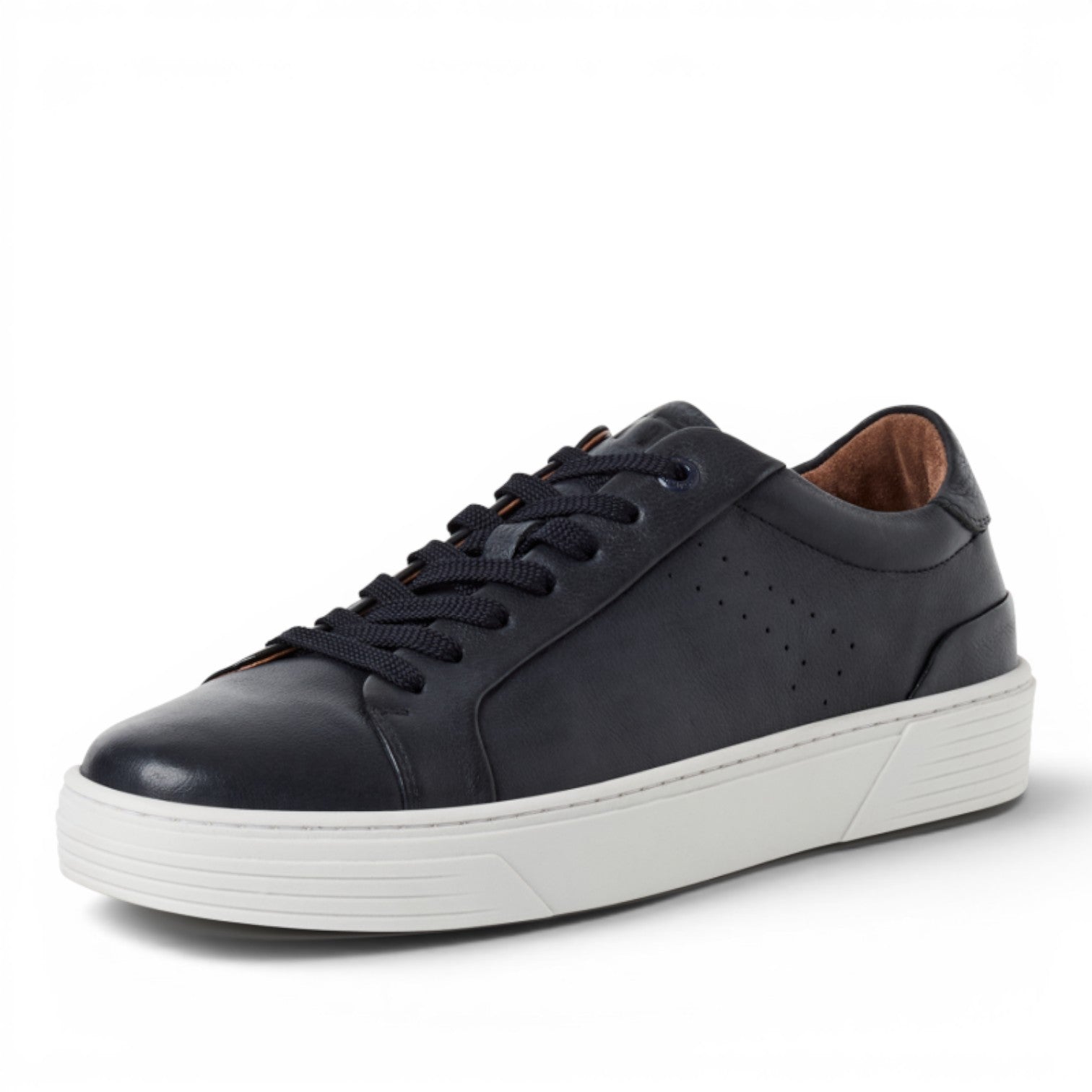 My Store Marco Tozzi navy leather low-top sneakers with white sole and perforated detail.