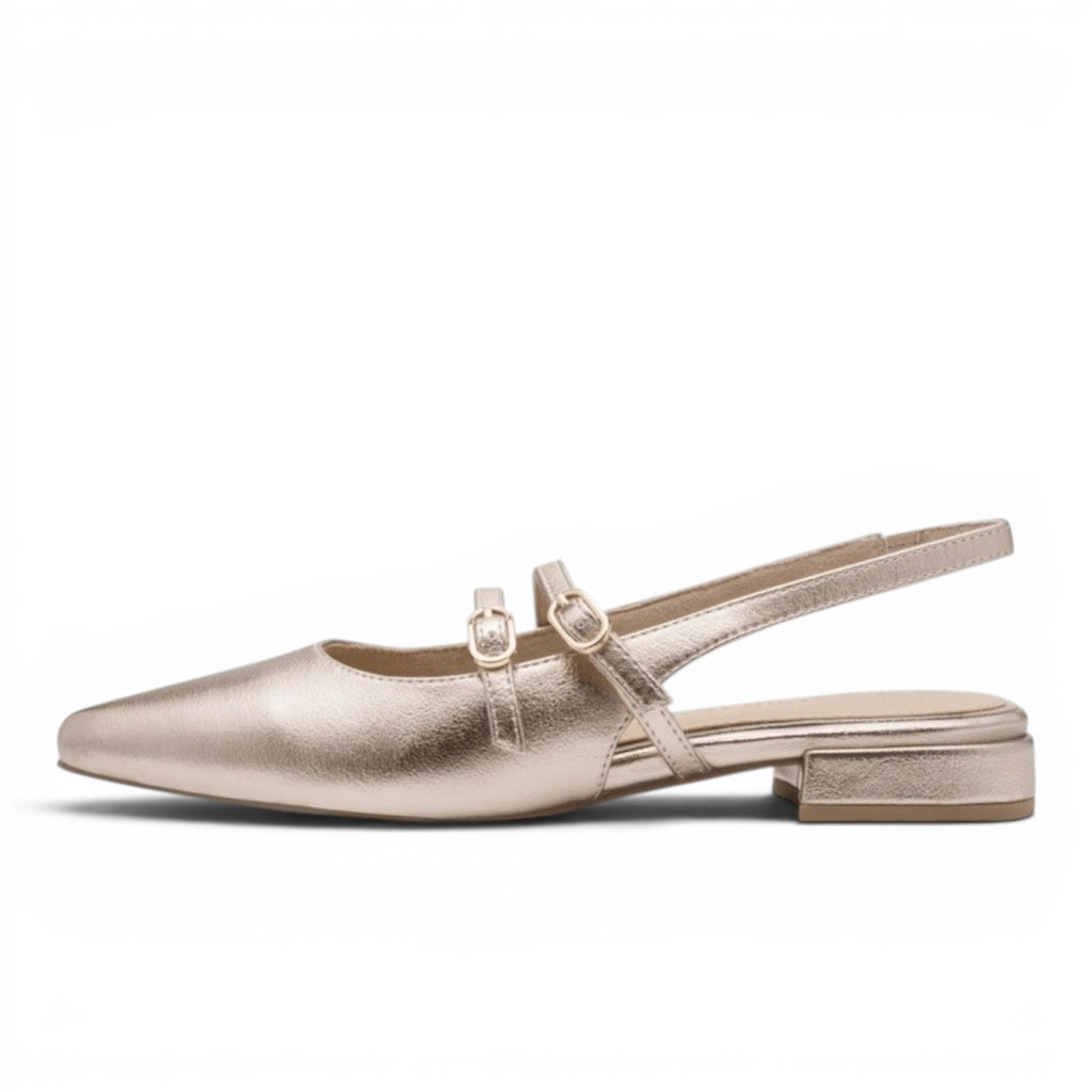 My Store Marco Tozzi rose gold synthetic slingback flats with double buckle straps.