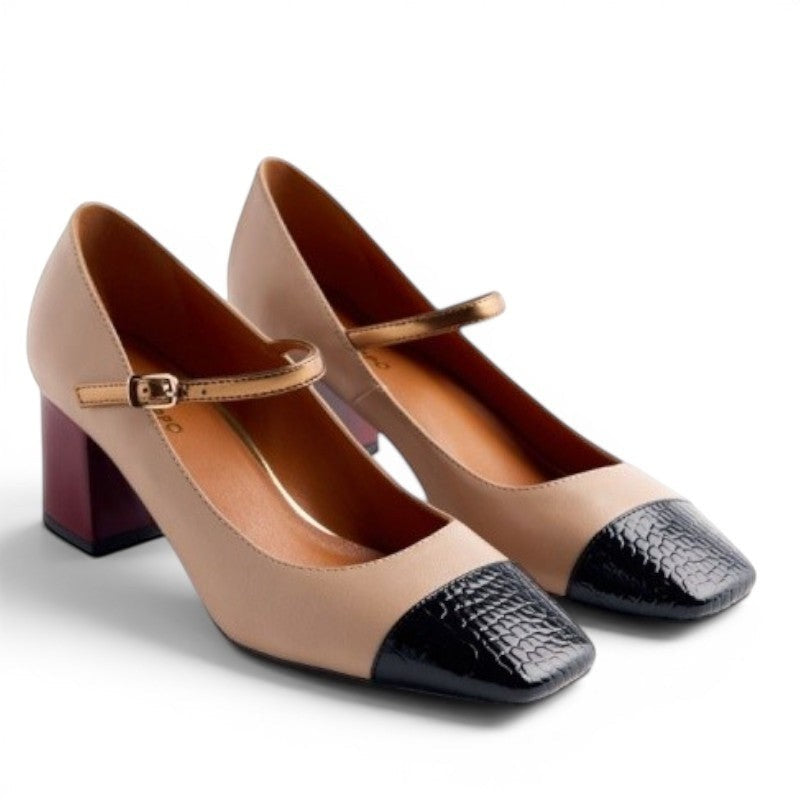 My Store beige synthetic mary jane heels with black patent toe cap and burgundy block heel.