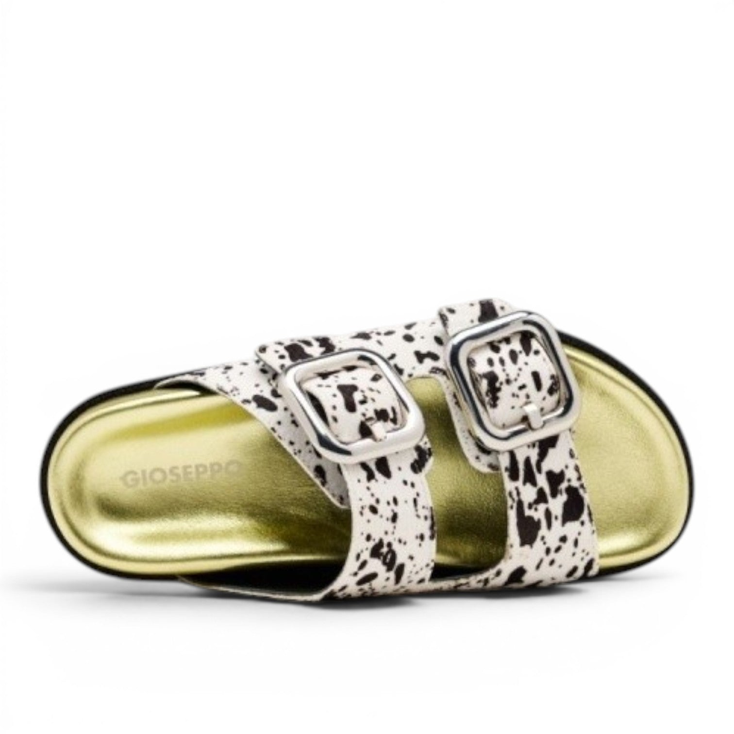 My Store MIFFLIN black and white dalmatian print leather slide sandals with silver buckles.