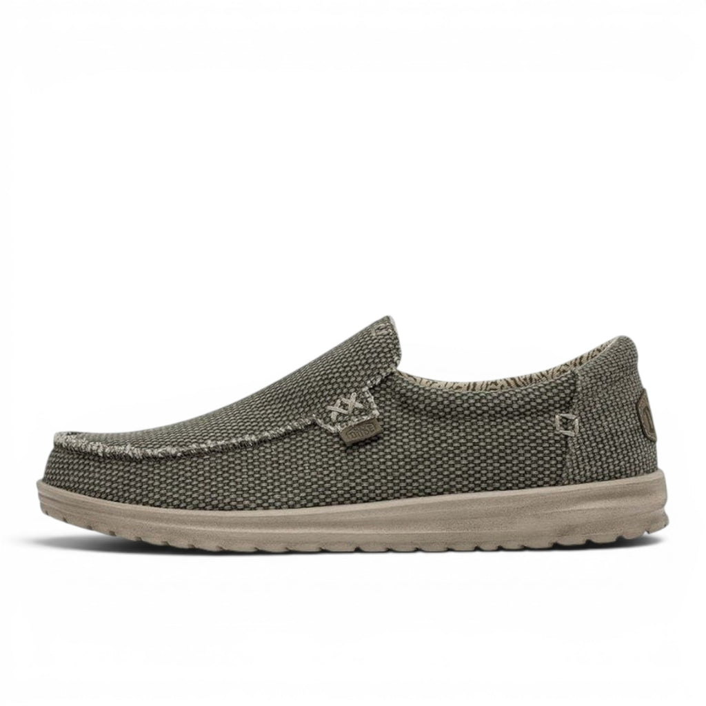 My Store Mikka Braided slip-on shoes in olive green textile with a braided texture and light tan sole.