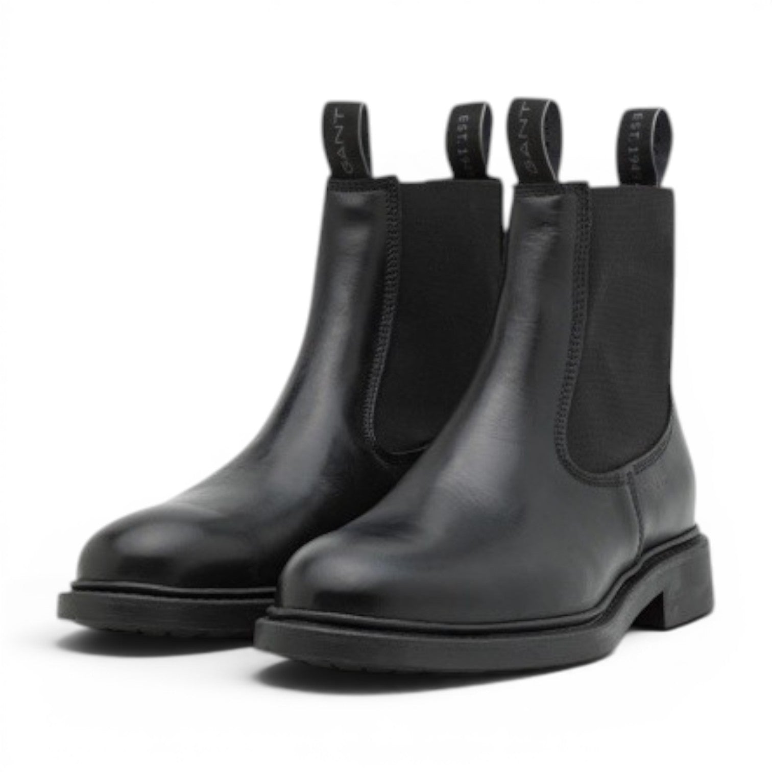 My Store Millbro black leather Chelsea boots with elastic side panels and pull tabs.