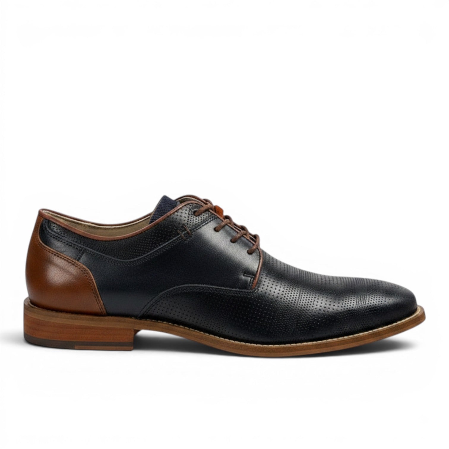 My Store men's navy leather dress shoe with brown heel cap and perforated detailing. Features brown laces and a stacked wooden heel.