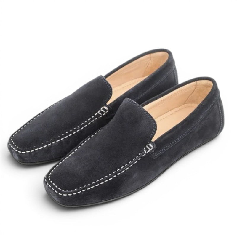 My Store navy blue suede leather moccasin driving shoes with white stitching detail.