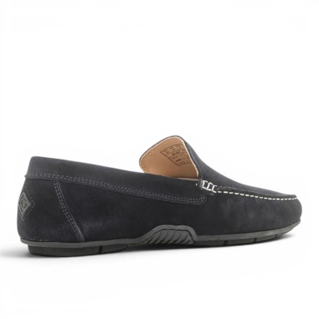My Store navy blue suede leather moccasin loafers with white stitching and rubber sole.