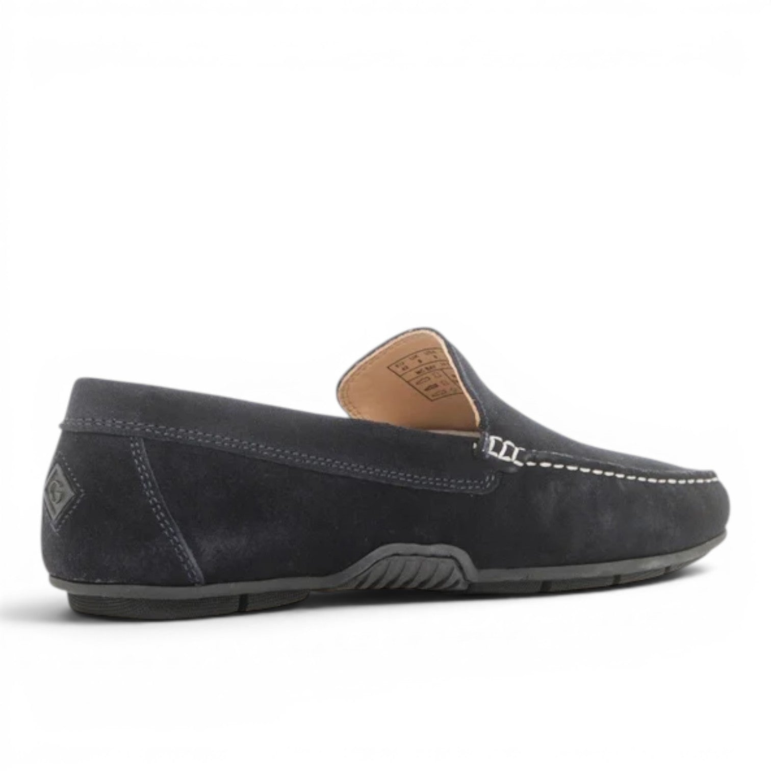 My Store navy blue suede leather moccasin loafers with white stitching and rubber sole.