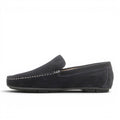 My Store navy blue suede moccasin shoes with white stitching and a rubber sole.
