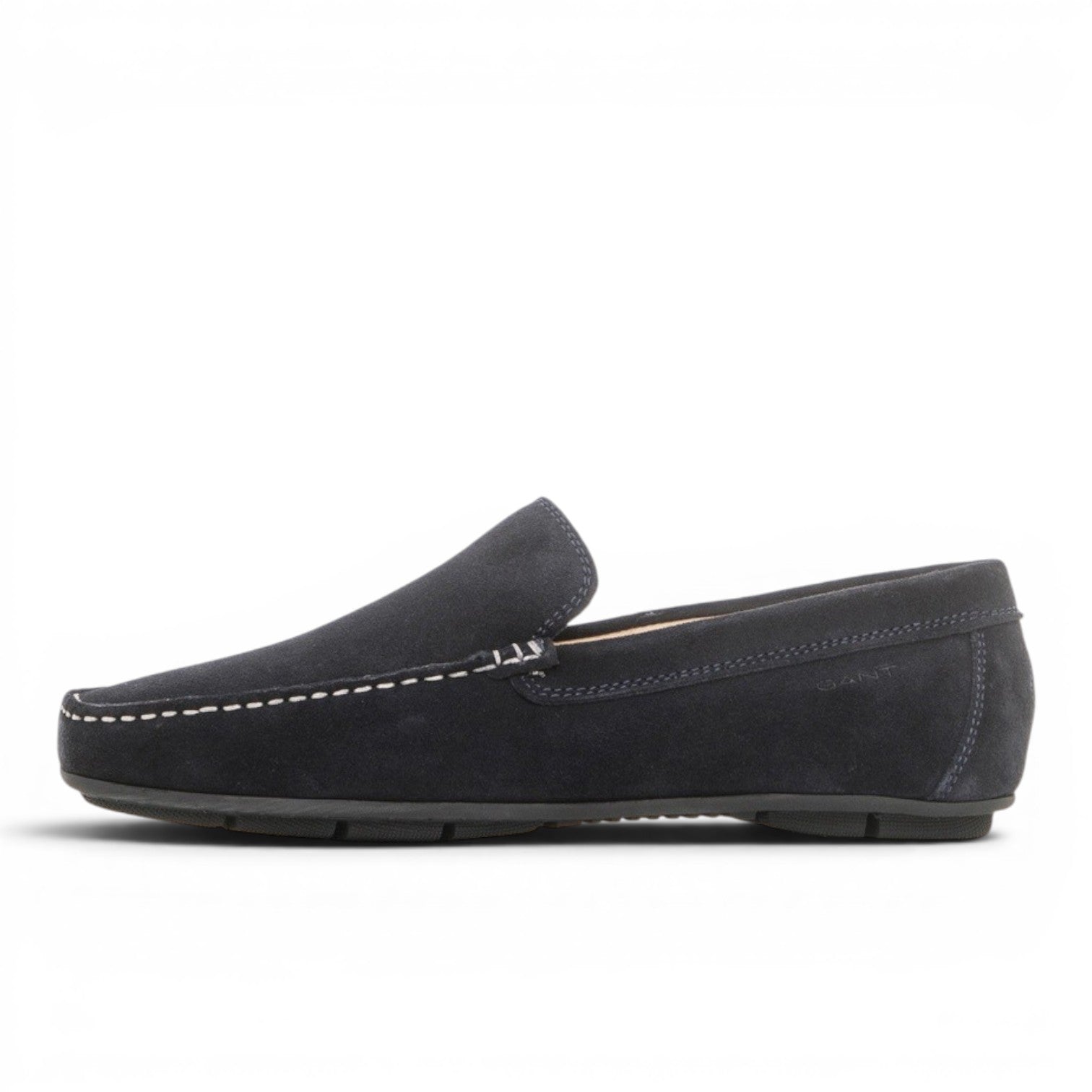 My Store navy blue suede moccasin shoes with white stitching and a rubber sole.