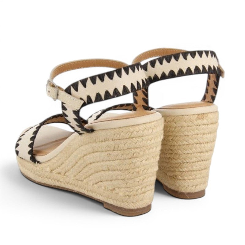 My Store NEIVA cream leather and textile wedge sandals with black zigzag stitching and espadrille sole.