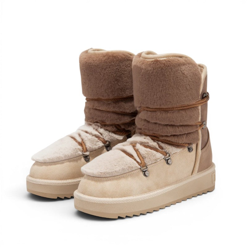 My Store Nordic Trk Fur beige and brown synthetic fur-lined winter boots with lace-up detail.
