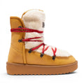 My Store Nordic Trk Fur yellow synthetic boots with white shearling lining and red laces.