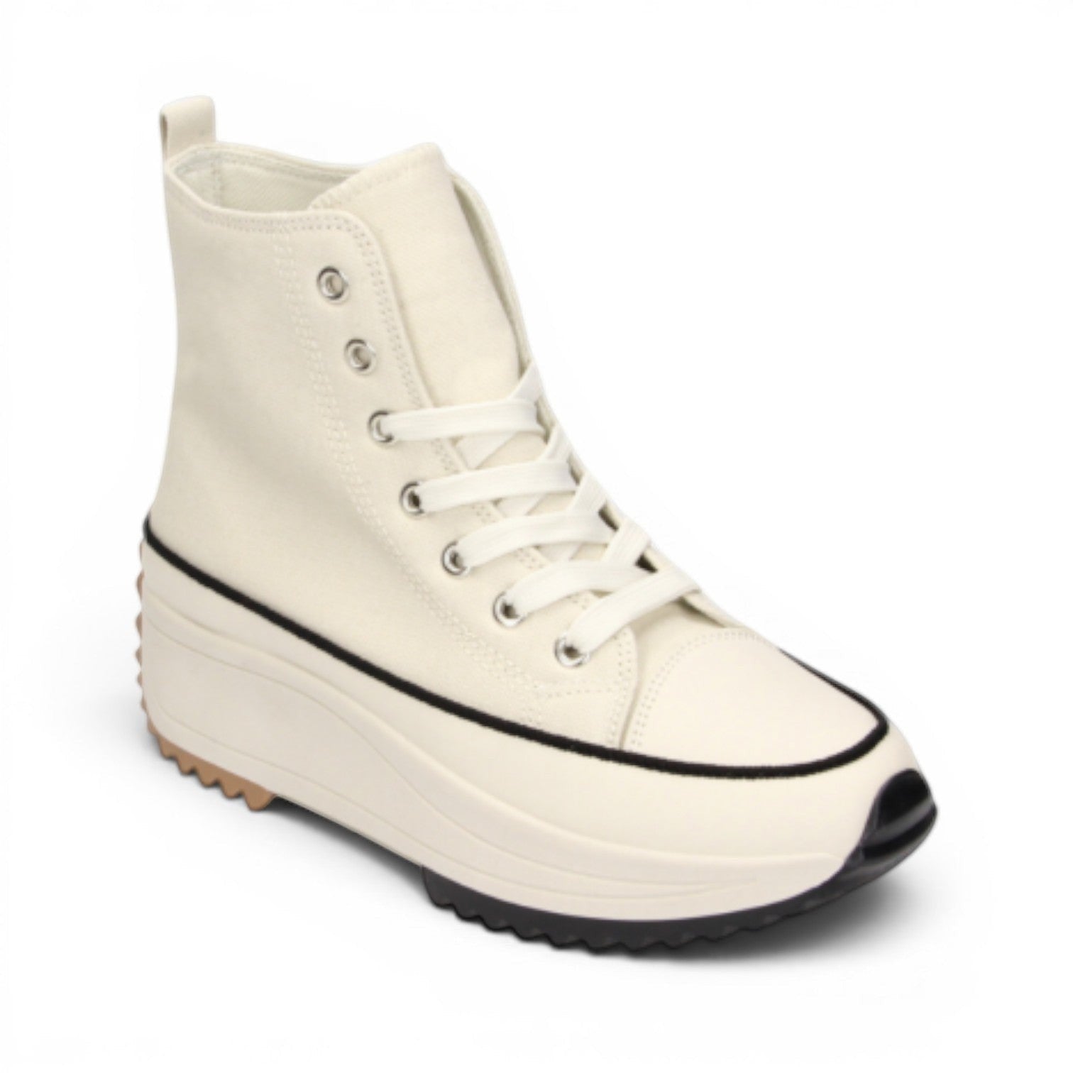 My Store Claudia Ghizzani off-white textile high-top sneakers with black trim and a chunky rubber sole.