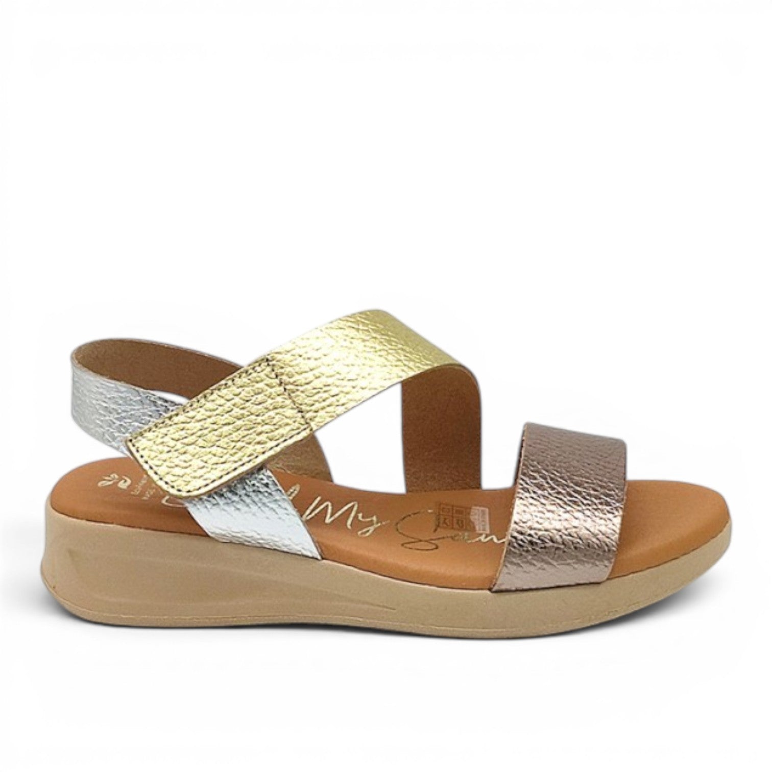 My Store Oh My Sandals 5184 women's leather sandals with gold and silver straps and velcro closure.