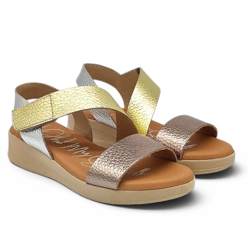 My Store Oh My Sandals 5184 women's leather sandals with gold, silver, and rose gold straps and hook-and-loop closure.