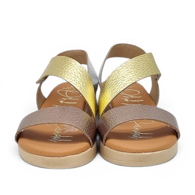 My Store Oh My Sandals 5184 leather sandals with gold and bronze straps and hook-and-loop closure.