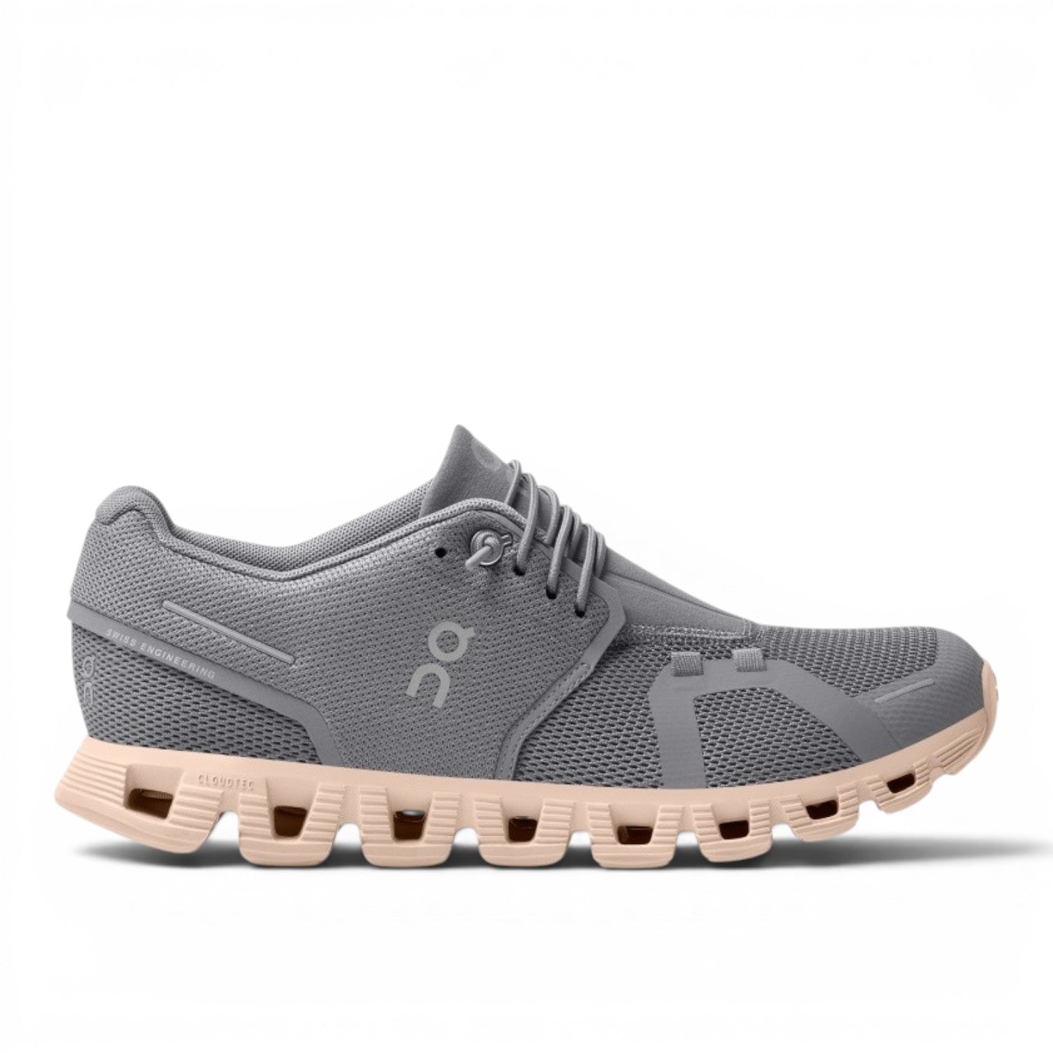 My Store ON Cloud 5 grey recycled polyester sneakers with a light pink sole and quick lacing system.