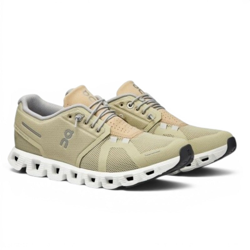 My Store On Cloud 5 khaki mesh sneakers with white soles and quick-lace system. Recycled materials.