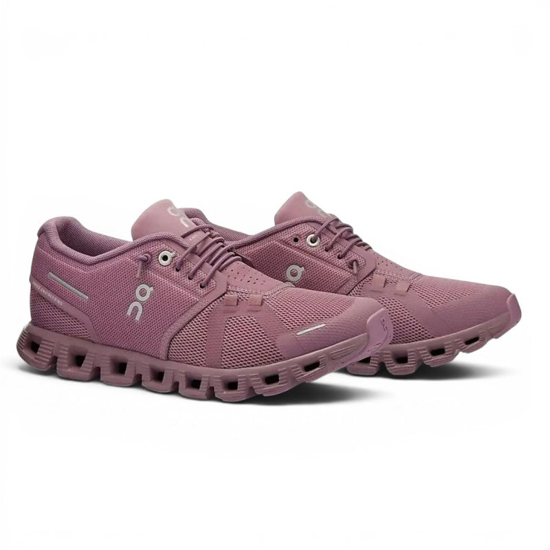 My Store ON Cloud 5 women's mauve mesh running shoes with quick lacing system and CloudTec sole.