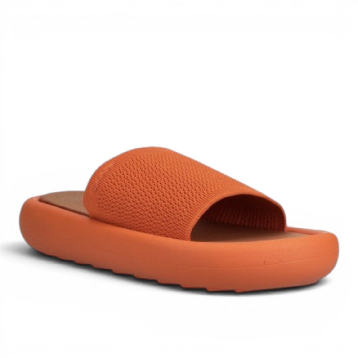 My Store orange textile slide sandals with a thick platform sole and textured upper.